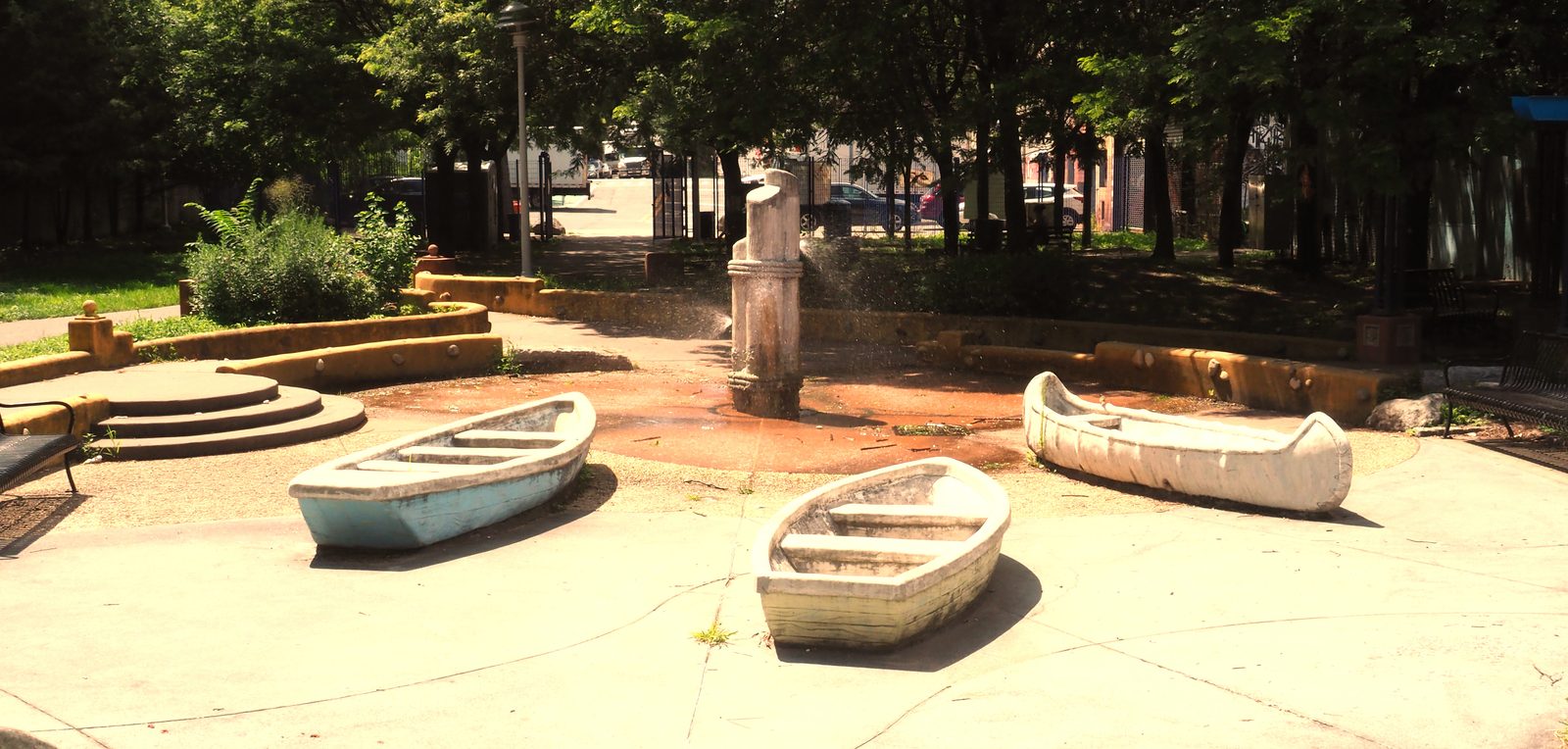 Boat-shaped forms around the spray fountain at Hunts Point Riverside Park