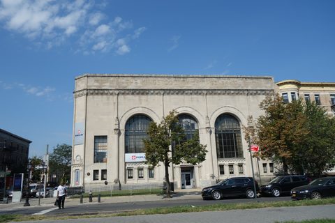 Bank building with carved cornice lettering