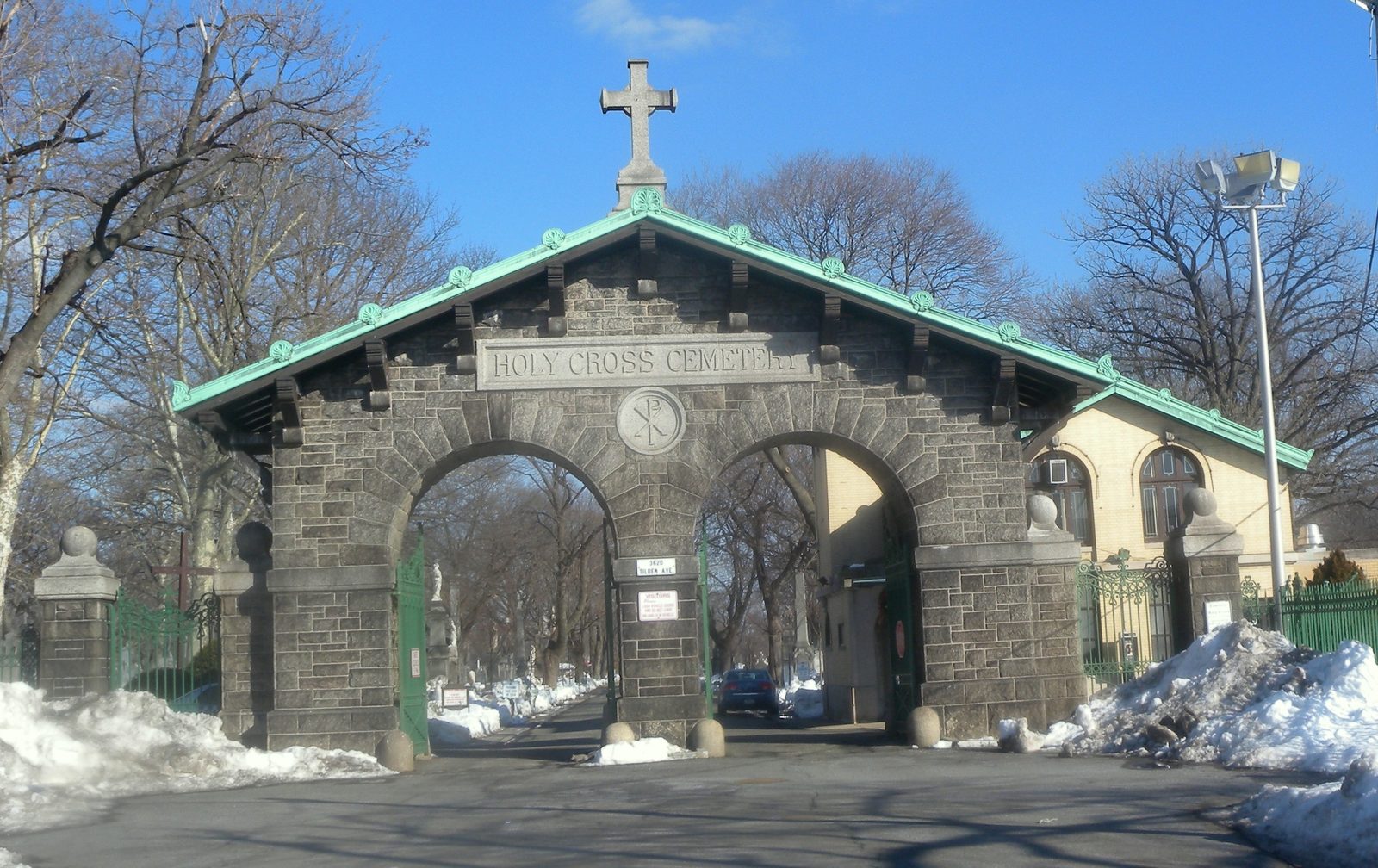 The Holy Cross Cemetery gate on Tilden Avenue