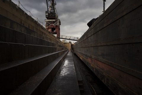 Inside a dry dock at the Navy Yard