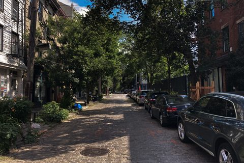 A Belgian-block street in the historic district