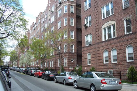 A residential blockfront in Jackson Heights