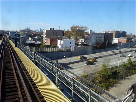 Woodside rooftops and the Brooklyn-Queens Expressway from the 7 train