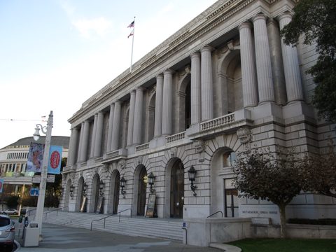 The War Memorial Opera House on Van Ness Avenue, with Davies Symphony Hall beyond